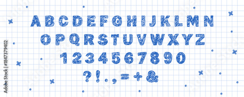 English alphabet crayon. Playful crayon font. Childlike scribble texture for fun designs and educational projects for children and kindergarten. Vector illustration.