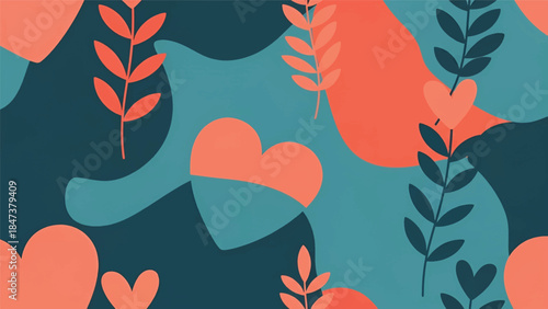 Abstract teal and coral organic shapes scattered with heart motifs and stylized leafy branches hues