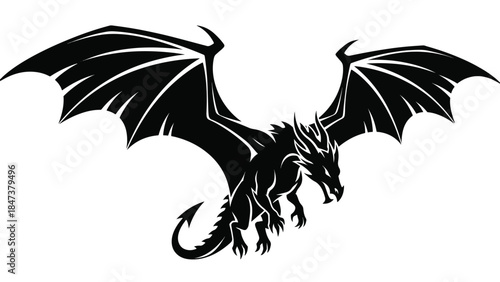 Black stylized dragon silhouette with expansive batlike wings, spiky mane, claws and tail in midair