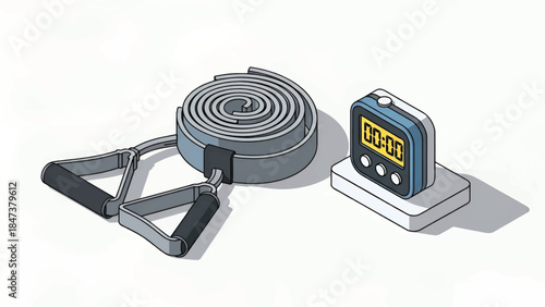 Coiled exercise resistance band with foam triangle handles beside a small digital interval timer now