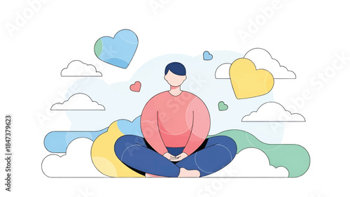 Calm person seated cross-legged among soft clouds, surrounded by floating colorful heart shapes now!