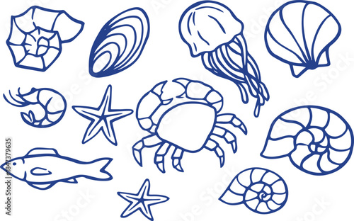Set with sea creatures on the theme of sea holidays. retro collection in doodle style vector art and illustration vector set blue icon