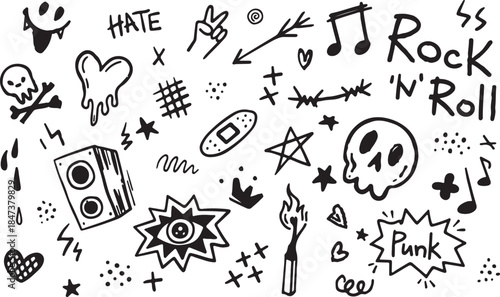 Punk rock music doodle set in black - speakers and hearts, match with flame and stars, lightning bolts and eye, crown and music notes black line art vector art and llustration vector set icon 