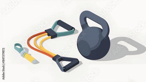 Dark matte kettlebell beside three colorful resistance bands with triangular handles and shadow. now