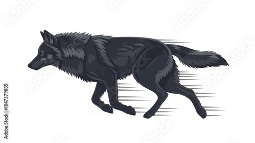 Dark wolf running left, stylized motion streaks trailing, dense fur shading, alert focus amber eyes