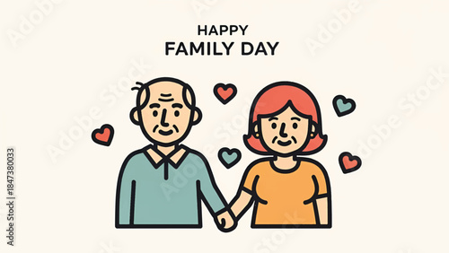 Elderly couple holding hands with smiling faces and colorful hearts under 'Happy Family Day' &warmly