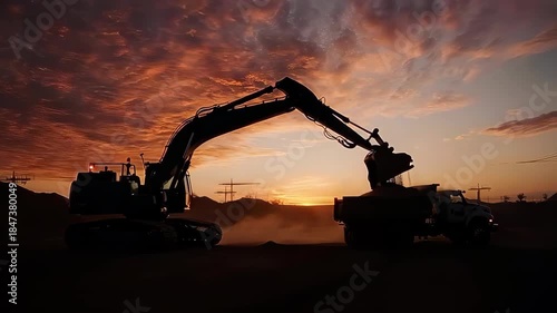 Wallpaper Mural Heavy machinery at sunset, excavator loading truck on construction site. Torontodigital.ca