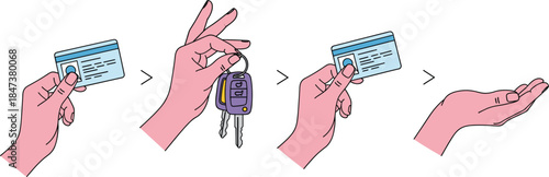 MobileHand holding credit card keys and empty palm showing exchange process payment rental return concept illustration
