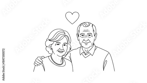Elderly couple smiling, man with arm around woman, close pose with a heart floating overhead always