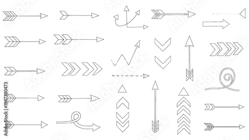 Hand-drawn black outline collection of arrows, chevrons and directional doodles on a white page art