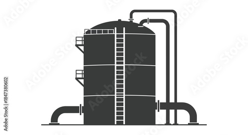 A stark black industrial storage tank with ladder detailing against a white background silhouette