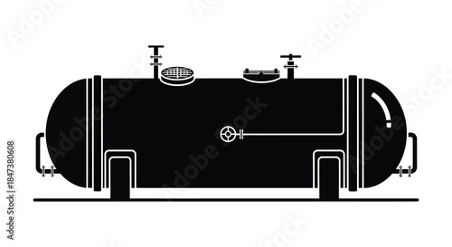 A detailed black silhouette depiction of a large industrial tank with valves and gauges silhouette