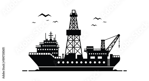 A striking black and white illustration depicts an oil rig and ship a bold silhouette