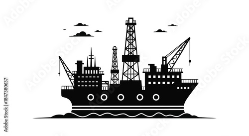 A striking black silhouette of an offshore oil platform and ship at sea silhouette