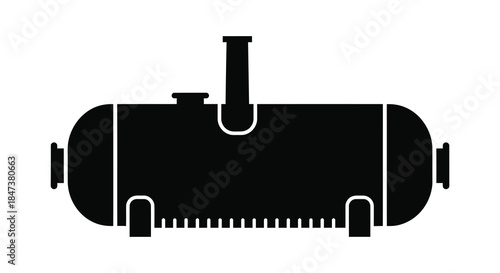 A stark black outline of an industrial gas tank featuring a prominent chimney silhouette