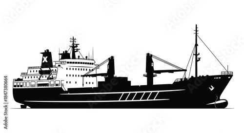 A striking black silhouette of a large cargo ship sailing on calm waters silhouette