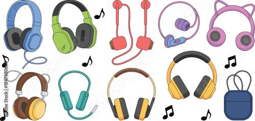Colorful headphones and earphones collection illustration showing wireless wired audio devices music listening flat vector set