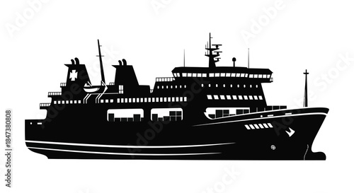 Detailed black ship illustration against a white background showcasing its form as a striking silhouette