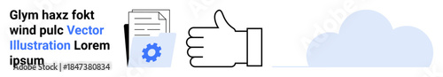 Data management, cloud storage, approval process, digital content sharing, online services, teamwork. Thumbs up icon, document with gear and cloud symbol. Cloud storage and approval process