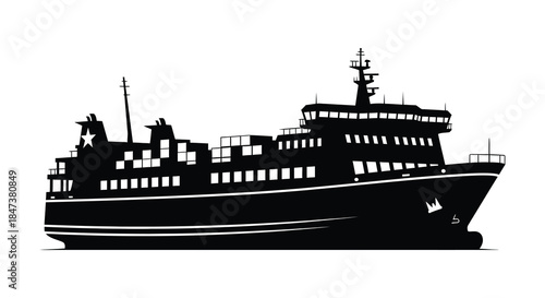 A detailed black silhouette of a large passenger ship with multiple decks and prominent features silhouette