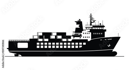 A striking black and white depiction of a large cargo ship at sea silhouette