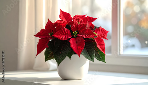 Poinsettia plant with vibrant red bracts in a modern white pot