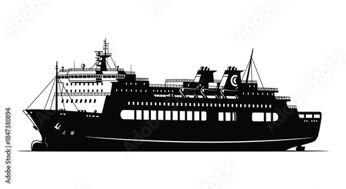 A striking black silhouette of a large passenger ship sailing on calm waters silhouette