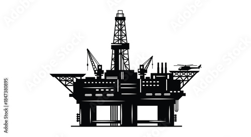A striking black and white depiction of an offshore oil platform a powerful industrial silhouette