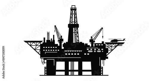 Detailed illustration of an offshore oil rig structure with a helicopter presented as a silhouette