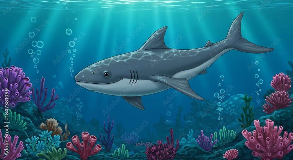 Fototapeta premium きらめく陽光が深く差し込む透明な青い海中を悠然と泳ぐ可愛いサメ 鮮やかな色とりどりのサンゴ礁と舞い上がる泡が彩る幻想的な水中イラストレーション. AI Generated