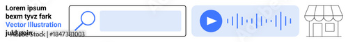 User interfaces, online services, e-commerce, media playback, sound design, digital tools. A search bar, play button with sound waves and a storefront icon. User interfaces and online services