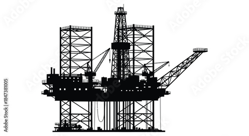 Detailed depiction of an offshore oil rig structure against a plain white background silhouette