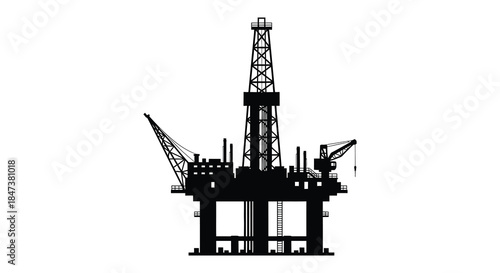 A stark black silhouette of an offshore oil drilling platform against a white background silhouette