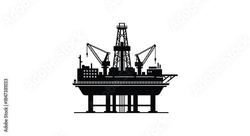 A striking black silhouette of an offshore oil platform detailed with industrial components silhouette