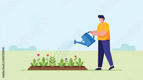 Man watering a neat raised flower bed of tulips and leafy plants on a sunny, minimalist lawn today!!