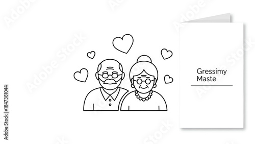 Minimal line drawing of a smiling elderly couple surrounded by hearts next to a folded card minimal!