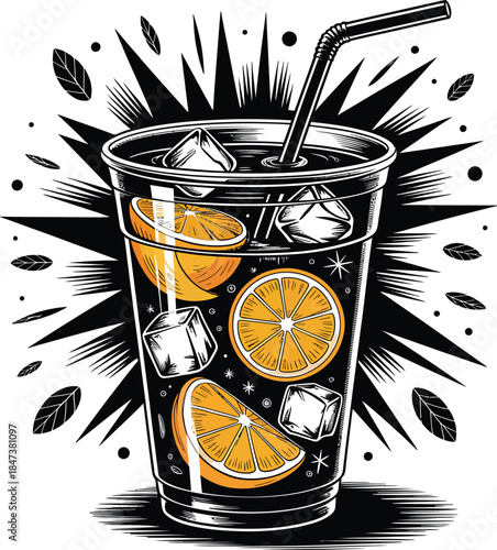 Refreshing cool drink illustration with orange fruit ice cubes and straw on background