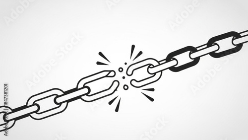 A broken chain link with explosion effect on white background, symbolizing freedom and disruption, illustration in black and white