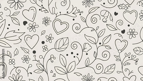 Monochrome floral doodle pattern with hearts, leaves, swirls, daisies and scattered ink dots softly