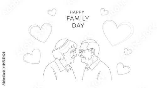 Older couple smiling face-to-face beneath 'HAPPY FAMILY DAY' heading, surrounded by sketched hearts!
