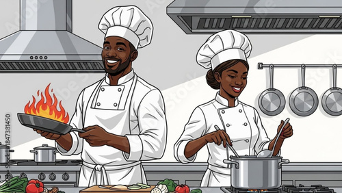 Two chefs in a kitchen, man holding flaming pan, woman stirring pot, cooking vegetables on countertop, stainless steel appliances and utensils, white uniforms, smiling