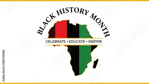 Black history month celebration with african continent and flag colors, promoting educate inspire