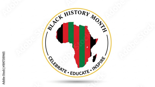 Black history month logo with african continent map in red, green, and black colors, celebrating culture and heritage