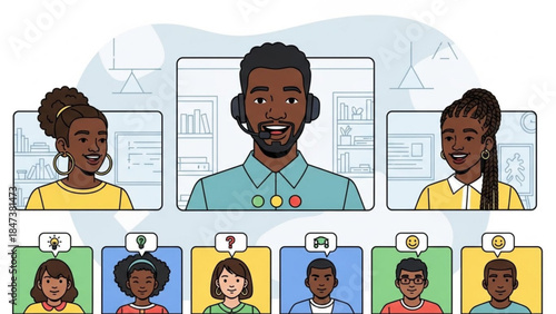 Diverse group of people participating in virtual meeting or online conference with headsets and smiling, cartoon style illustration for business or educational use