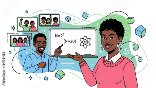 Diverse students engaging with virtual learning platform, online education concept with teacher and student interacting