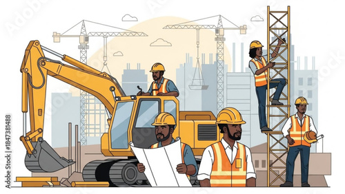 Construction workers in hard hats and vests operate excavator and scaffolding on a building site with cranes in the background
