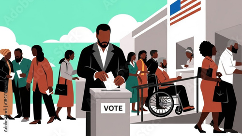 Diverse group of people voting at an american polling station with a man in a wheelchair and a man casting his ballot