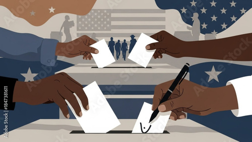 Hands of diverse people casting votes into a ballot box with american flag in background, representing democracy and election process