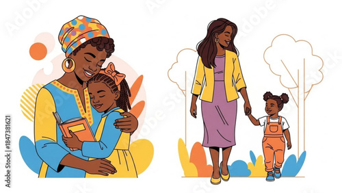Two heartwarming scenes of african american mothers and daughters enjoying quality time together in colorful vibrant outfits and accessories