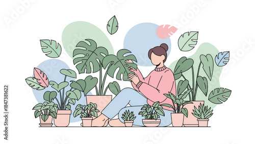 Person in a pink sweater tending many potted tropical houseplants while seated on the floor barefoot